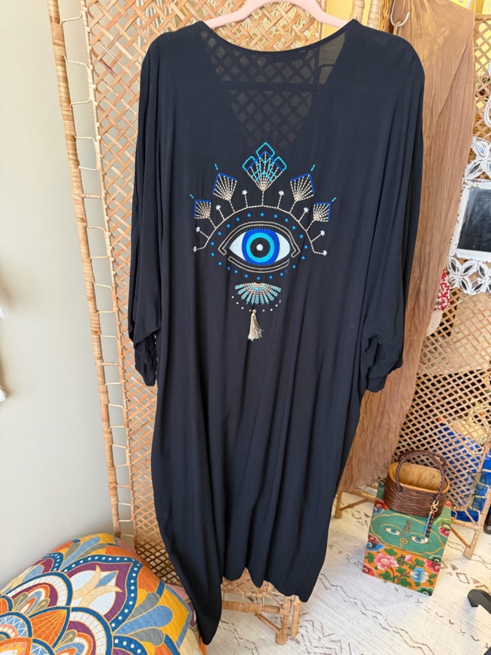 Black Kimono Top with Blue Embroidered Accent